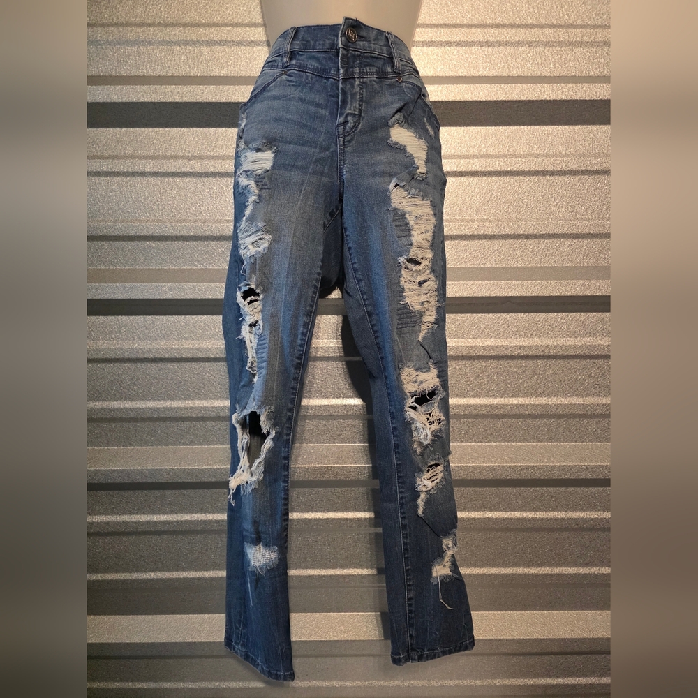 bebe High Rise Distressed Blue Jeans